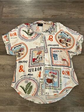 Women’s White Multi-Print Short-Sleeve Button Front Blouse